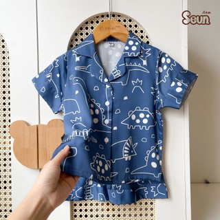 | SEUNKIDS | Bộ pijama cho bé gái bé trai (20 màu-2 link) cộc tay lụa mát lạnh 8kg đến 35kg bộ mặc nhà