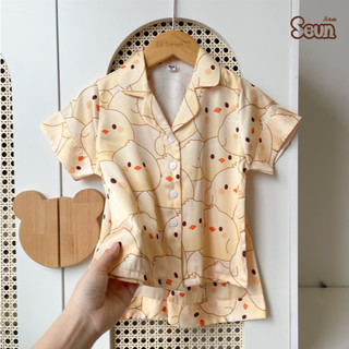 | SEUNKIDS | Bộ pijama cho bé gái bé trai (20 màu-2 link) cộc tay lụa mát lạnh 8kg đến 35kg bộ mặc nhà
