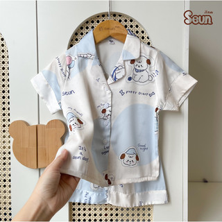 | SEUNKIDS | Bộ pijama cho bé gái bé trai (20 màu-2 link) cộc tay lụa mát lạnh 8kg đến 35kg bộ mặc nhà