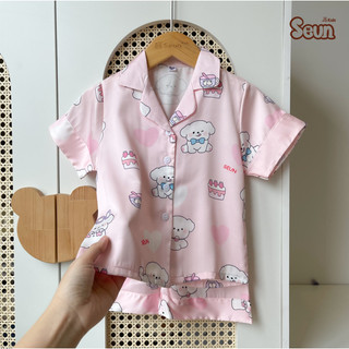 | SEUNKIDS | Bộ pijama cho bé gái bé trai (20 màu-2 link) cộc tay lụa mát lạnh 8kg đến 35kg bộ mặc nhà