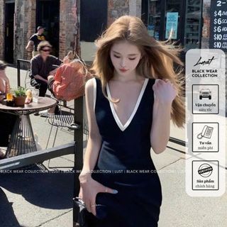 Đầm ôm body cổ V viền trắng LUST Váy ngắn nữ mùa hè chất umi cao cấp QD89