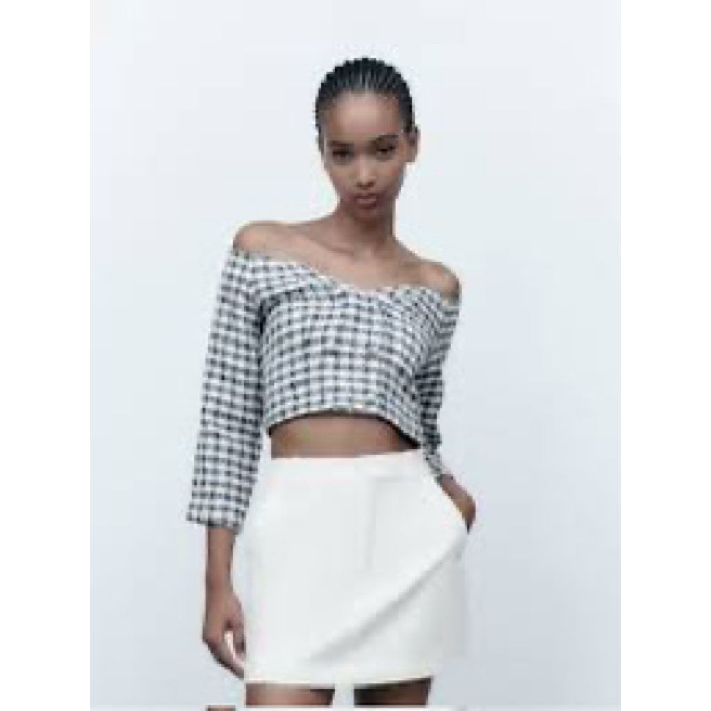 Áo Croptop Tweed Kẻ Caro Zarrra - Cambodia