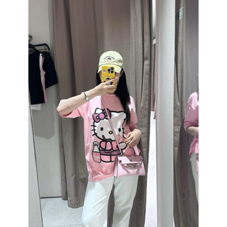 [New Trend] Áo Thun Hình In Kitti Dễ Thương Màu Hồng Phấn Nhạt Chất Cotton Thời Trang Nữ Trẻ,Áo Phông In Hình Dễ Thương