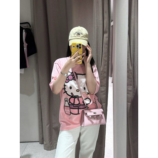 [New Trend] Áo Thun Hình In Kitti Dễ Thương Màu Hồng Phấn Nhạt Chất Cotton Thời Trang Nữ Trẻ,Áo Phông In Hình Dễ Thương