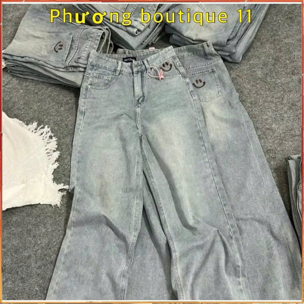Quần Suông Ống Rộng Cạp Cao Thiết Kế Thêu Mặt Cười