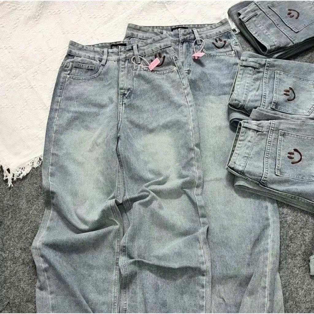 Quần Suông Ống Rộng Cạp Cao Thiết Kế Thêu Mặt Cười