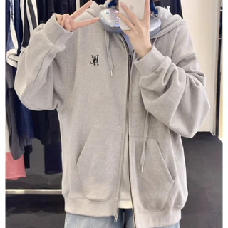 Mua hộ Hàn Quốc WOOALONG  Thêu WAL Áo khoác cổ điển Logo  Mũ trùm đầu lông không chổi than Coat Đôi Zipper Coat Cặp vợ c