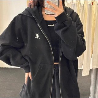 Mua hộ Hàn Quốc WOOALONG  Thêu WAL Áo khoác cổ điển Logo  Mũ trùm đầu lông không chổi than Coat Đôi Zipper Coat Cặp vợ c