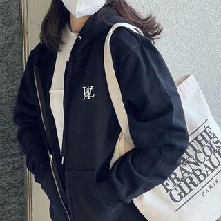Mua hộ Hàn Quốc WOOALONG  Thêu WAL Áo khoác cổ điển Logo  Mũ trùm đầu lông không chổi than Coat Đôi Zipper Coat Cặp vợ c