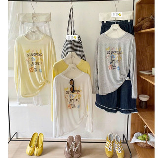 Áo thun nữ dài tay Thu Đông in hình Hoa mùa Xuân Spring JULY FASHION, Áo thun nữ tay dài xượt dáng rộng mềm mại ấm áp