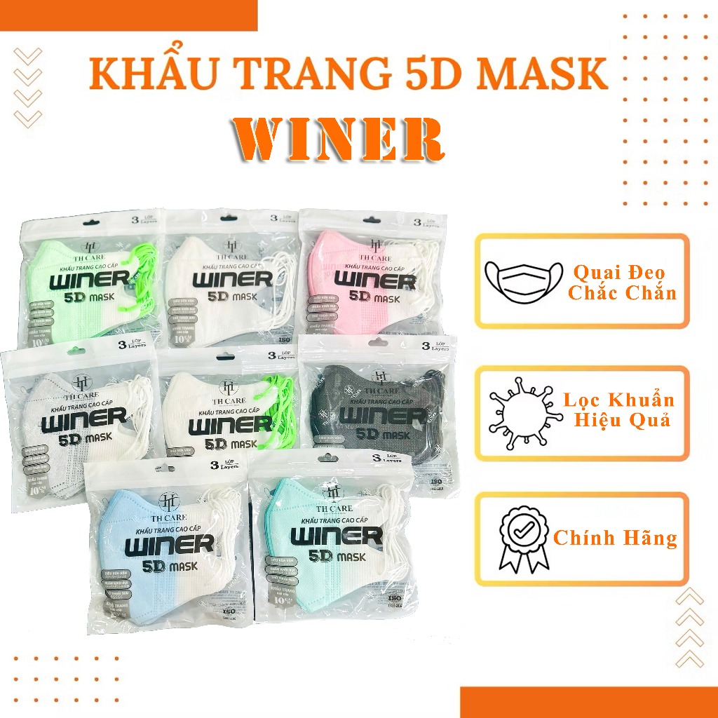 100 Chiếc Khẩu Trang 5D Winer Túi Zip 3 Lớp Dày Dặn, Quai đeo co giãn, êm tai. Mix màu thoải mái.