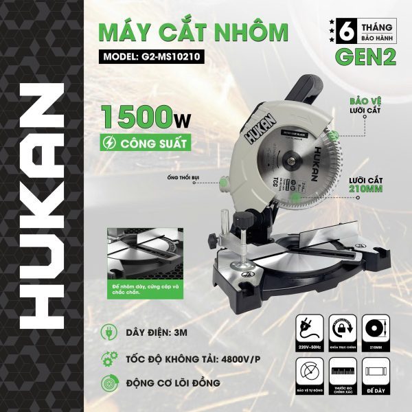 [HUKAN]Máy Cắt Nhôm (GEN 2) G2-MS10210 –1500W, Lưỡi 210mm Hợp Kim | Cắt Nhanh – Chính Xác – Bền Bỉ, Chuẩn Thợ Công Trình