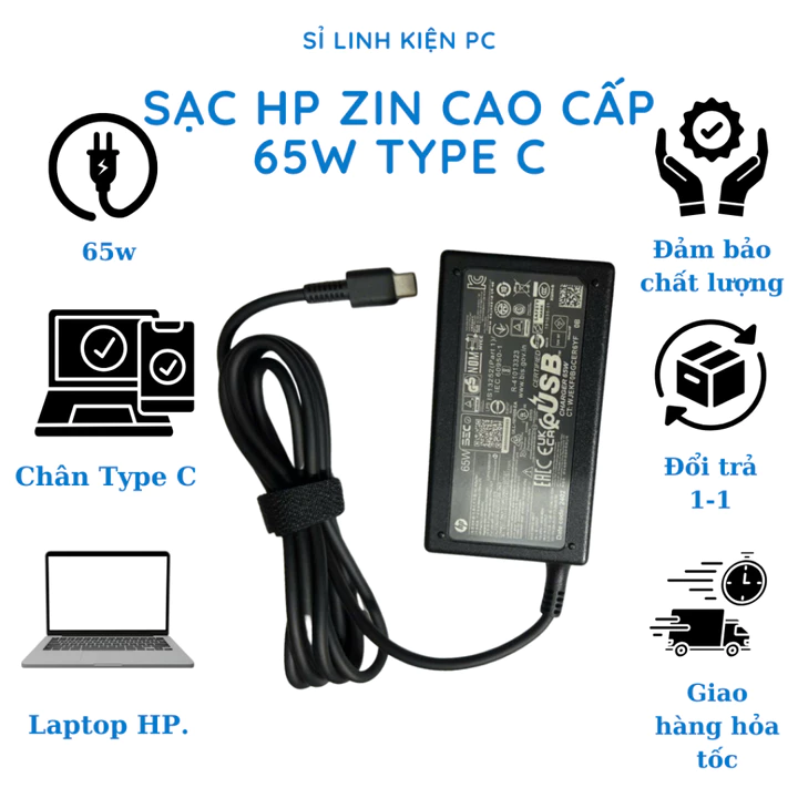 Sạc HP Zin Cao Cấp 65w Type C, Sạc Laptop Type C Zin New - Sạc Nhanh, An Toàn, Bảo Hành 12 Tháng