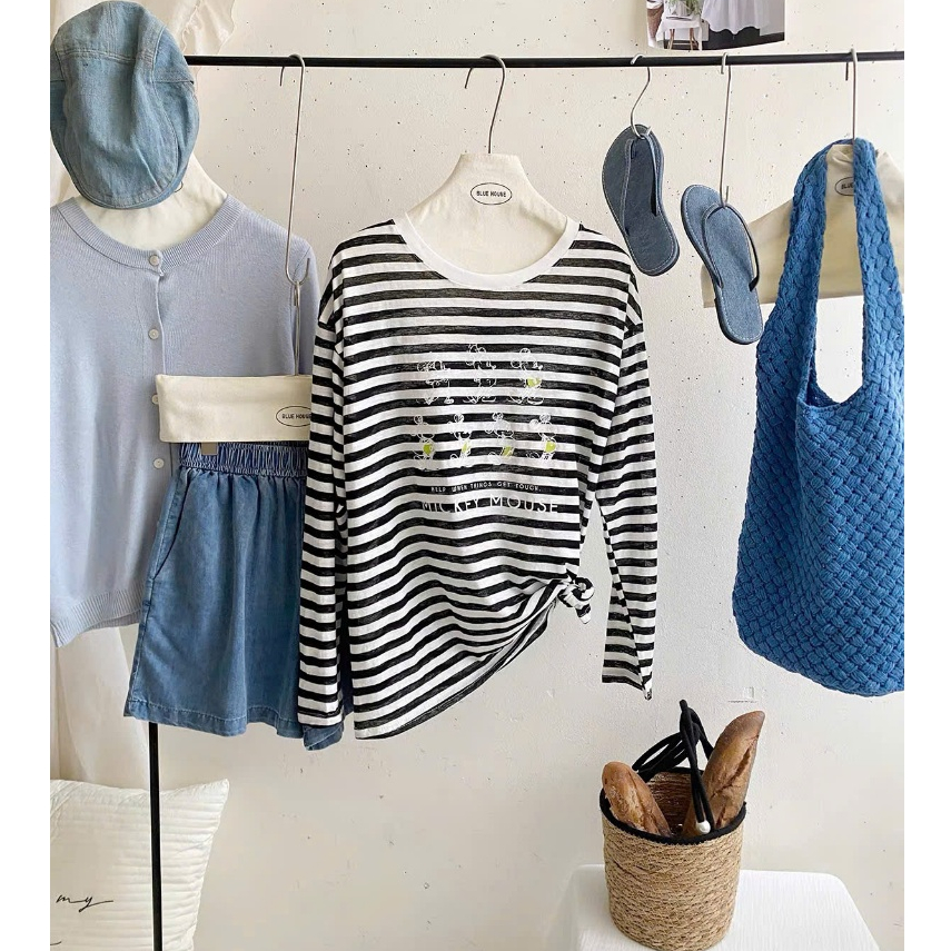 Áo thun nữ dài tay kẻ sọc in hình Mitkey nhỏ dể thương JULY FASHION, Áo thun nữ tay dài phom rộng chất xượt mềm mại