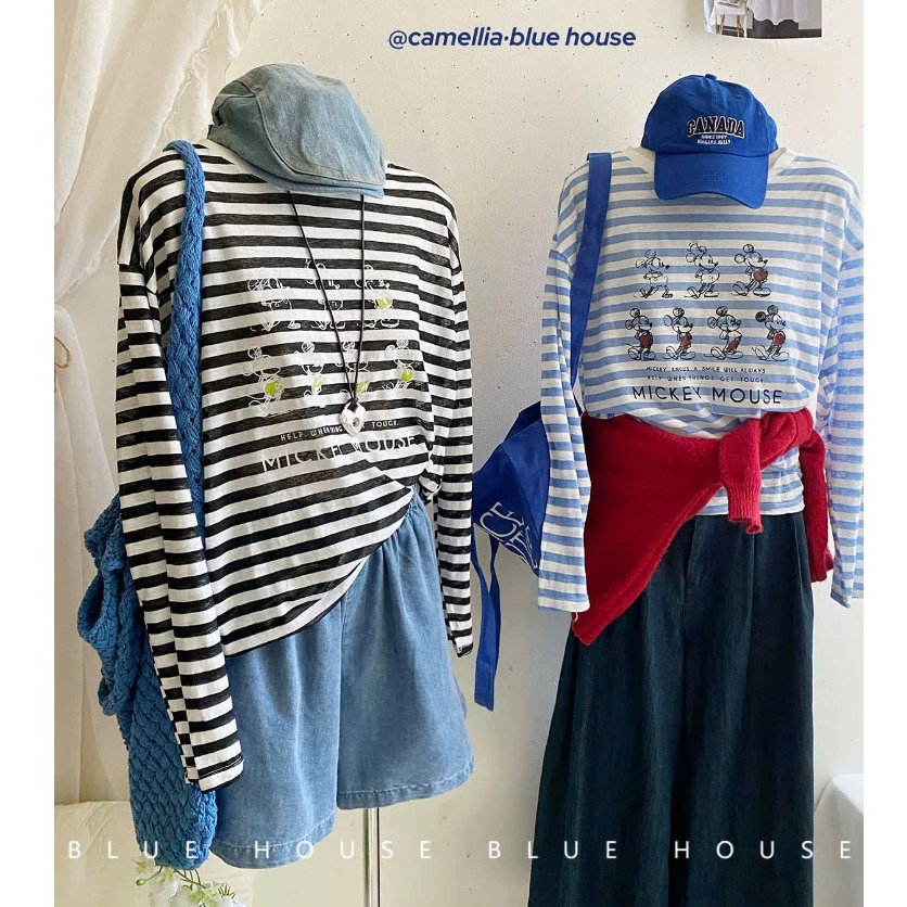 Áo thun nữ dài tay kẻ sọc in hình Mitkey nhỏ dể thương JULY FASHION, Áo thun nữ tay dài phom rộng chất xượt mềm mại