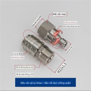 Khớp Nối Nhanh Tự Động 1/4 Inch Ren 22mm Chống Xoắn Dây Gắn Cho Máy Rửa Xe Gia Đình M22x1.5 Inox 304