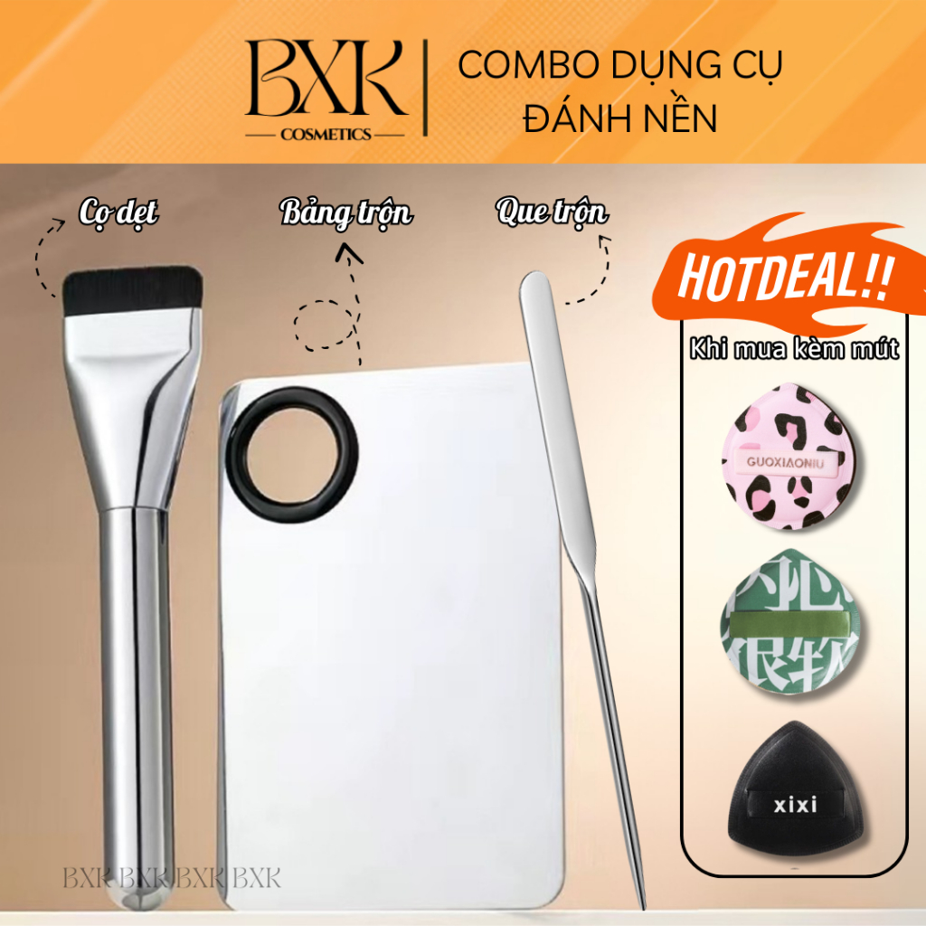 [COMBO] Dụng Cụ Hỗ Trợ Đánh Nền (Khay Que Trộn Kem, Set 2 Mút Tán Nền, Cọ Dẹt Tán Nền BXK COSMETICS