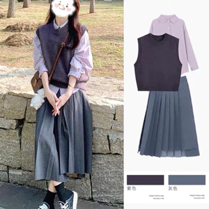sét áo sơmi+vest+chân váy sếp ly tím sáng tôn da thích hợp mùa thu