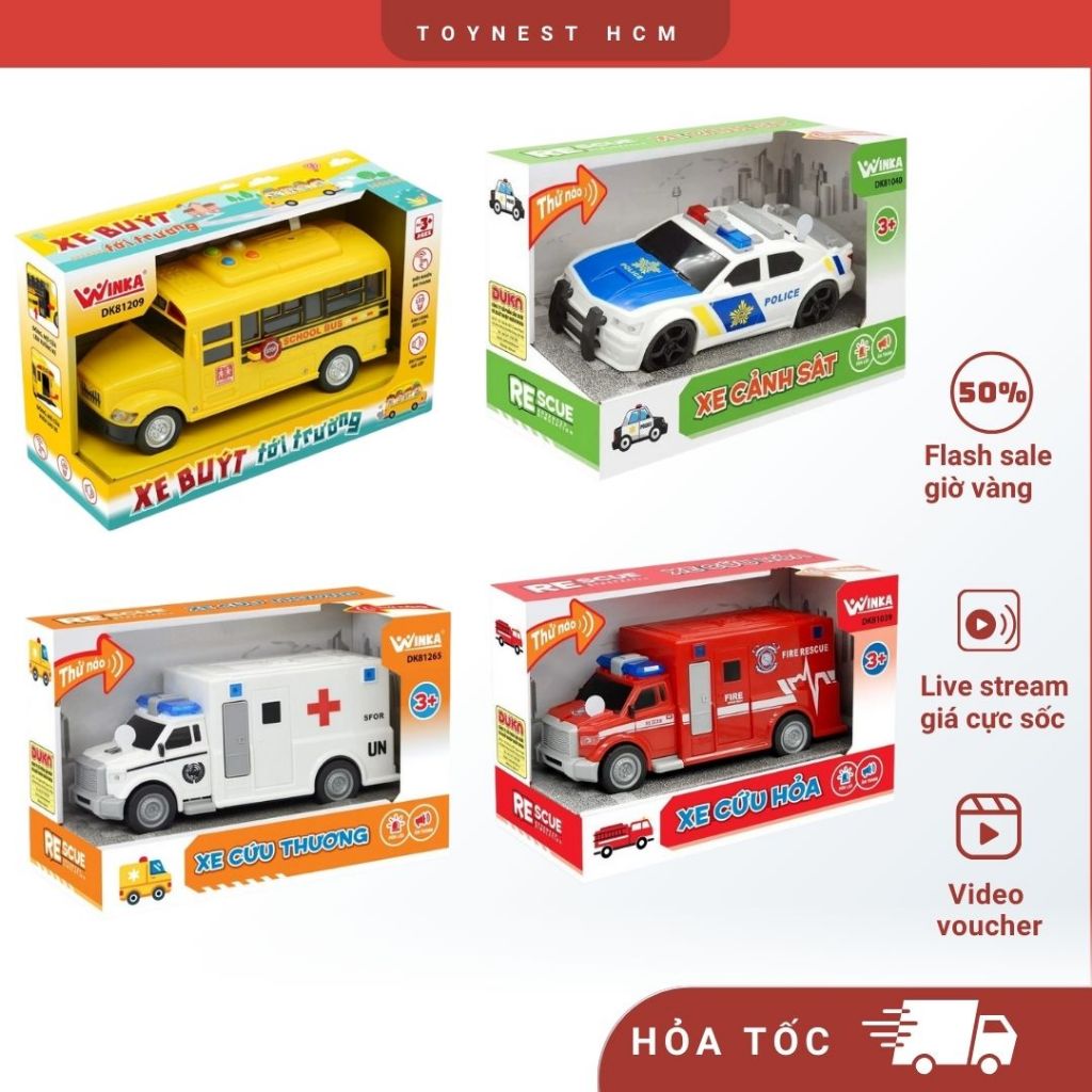 Đồ Chơi DUKA: Xe Cứu Thương/ Xe Cứu Hỏa/ Xe Cảnh Sát/ Xe Bus Tới  Trường - Kết Hợp Ánh Sáng Âm Thanh