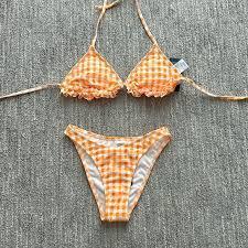 Set bikini 2 mảnh nữ bộ đồ bơi đi biển orage kẻ ô mix bèo nhún ngực, trẻ trung quyến rũ hàng VNXK
