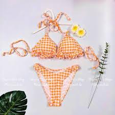 Set bikini 2 mảnh nữ bộ đồ bơi đi biển orage kẻ ô mix bèo nhún ngực, trẻ trung quyến rũ hàng VNXK
