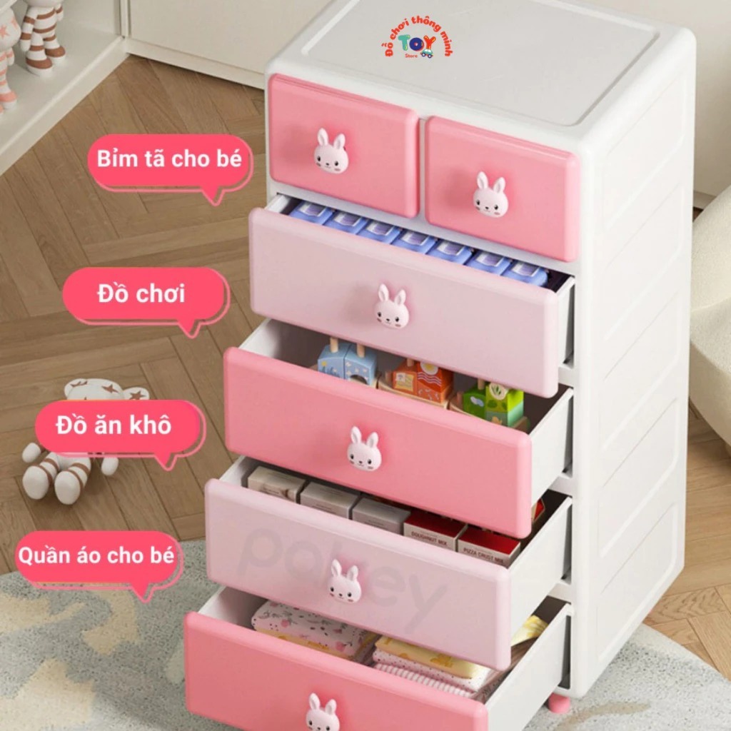 Tủ nhựa gấu thỏ cho bé tiện lợi ngăn kéo 3 - 4 - 5 tầng đựng quần áo, tủ nhựa cho bé, tủ nhựa trẻ em amizin