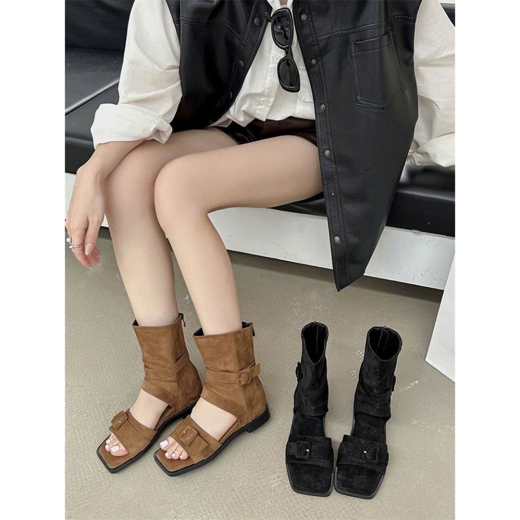 Giày Sandal Quai Ngang Cổ Cao Phong Cách La Mã Chất Da Lộn