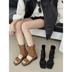 Giày Sandal Quai Ngang Cổ Cao Phong Cách La Mã Chất Da Lộn