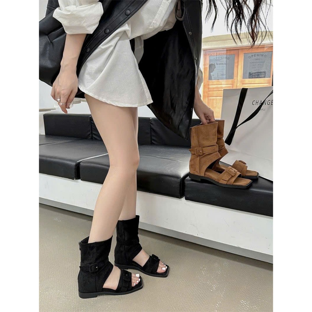 Giày Sandal Quai Ngang Cổ Cao Phong Cách La Mã Chất Da Lộn