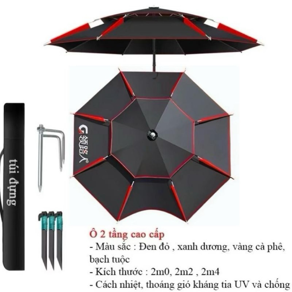 ( SALE ) Ô Dù Câu Cá Ô Che Nắng Mưa, Ô YG 2 Tầng Siêu Bền Đủ Độ Dài 2m2 - 2m4. Có Các Màu Đen, Xanh, Xám, Vàng, Đỏ
