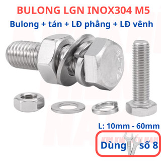 [Bulong + tán + LĐ phẳng + LĐ vênh] 10 bộ bulong LGN inox304 M5 (5 li), dùng khóa 8 để vặn bulong.