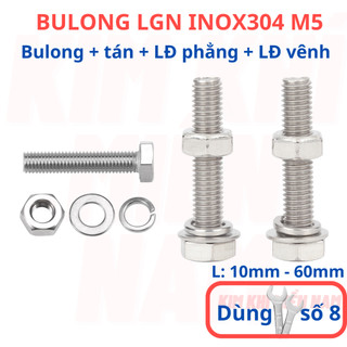 [Bulong + tán + LĐ phẳng + LĐ vênh] 10 bộ bulong LGN inox304 M5 (5 li), dùng khóa 8 để vặn bulong.