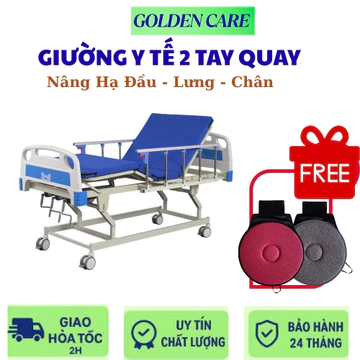 Giường Y Tế 2 Tay Quay Cao Cấp Có Bánh Xe, Giường Bệnh Nhân Nâng Hạ Lưng , Gập Gối, Kèm Bàn Ăn Và Thanh Chắn