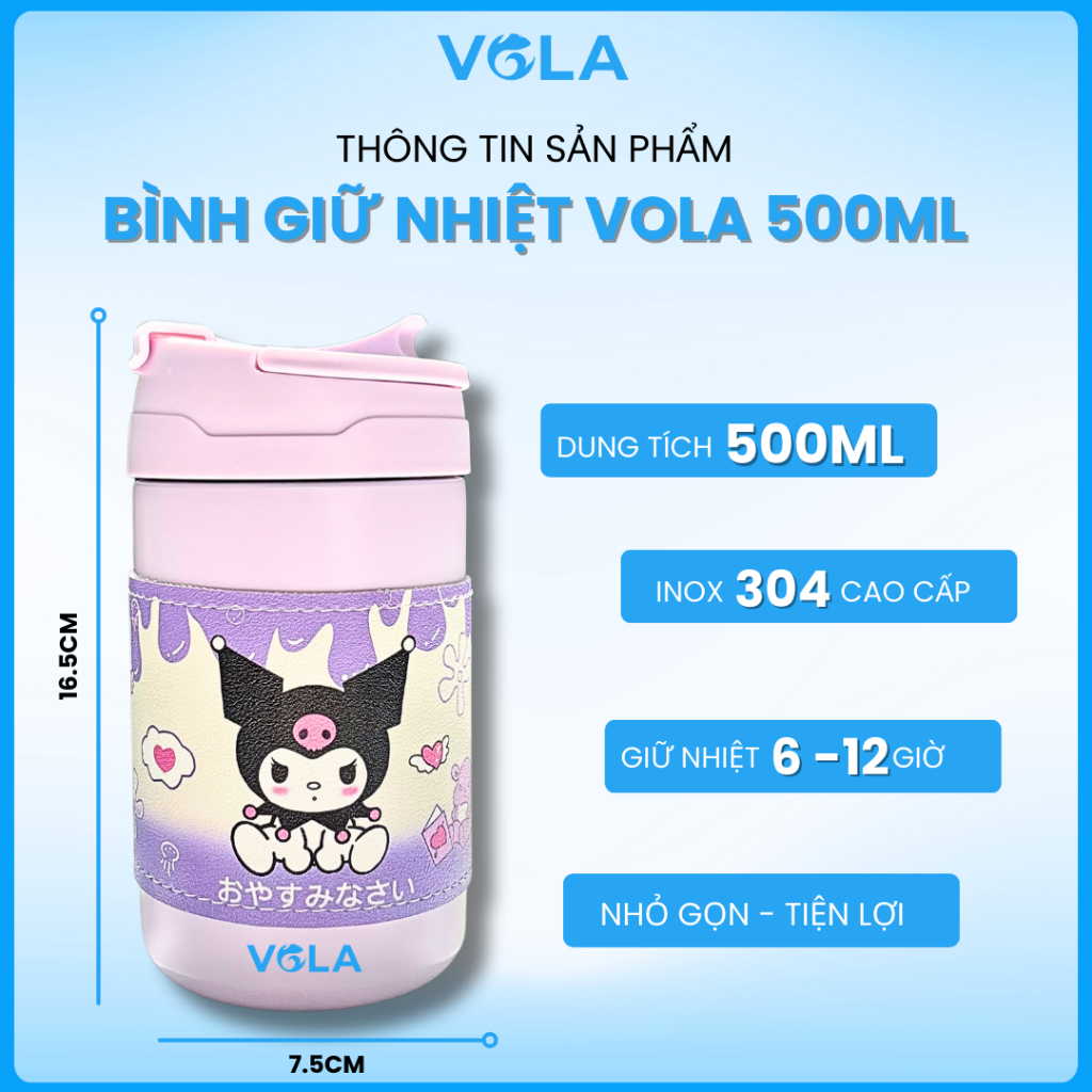 Bình Giữ Nhiệt VOLA 450ml Inox 304, Cốc giữ nhiệt hoạt hình có ống hút - Khắc tên theo yêu cầu