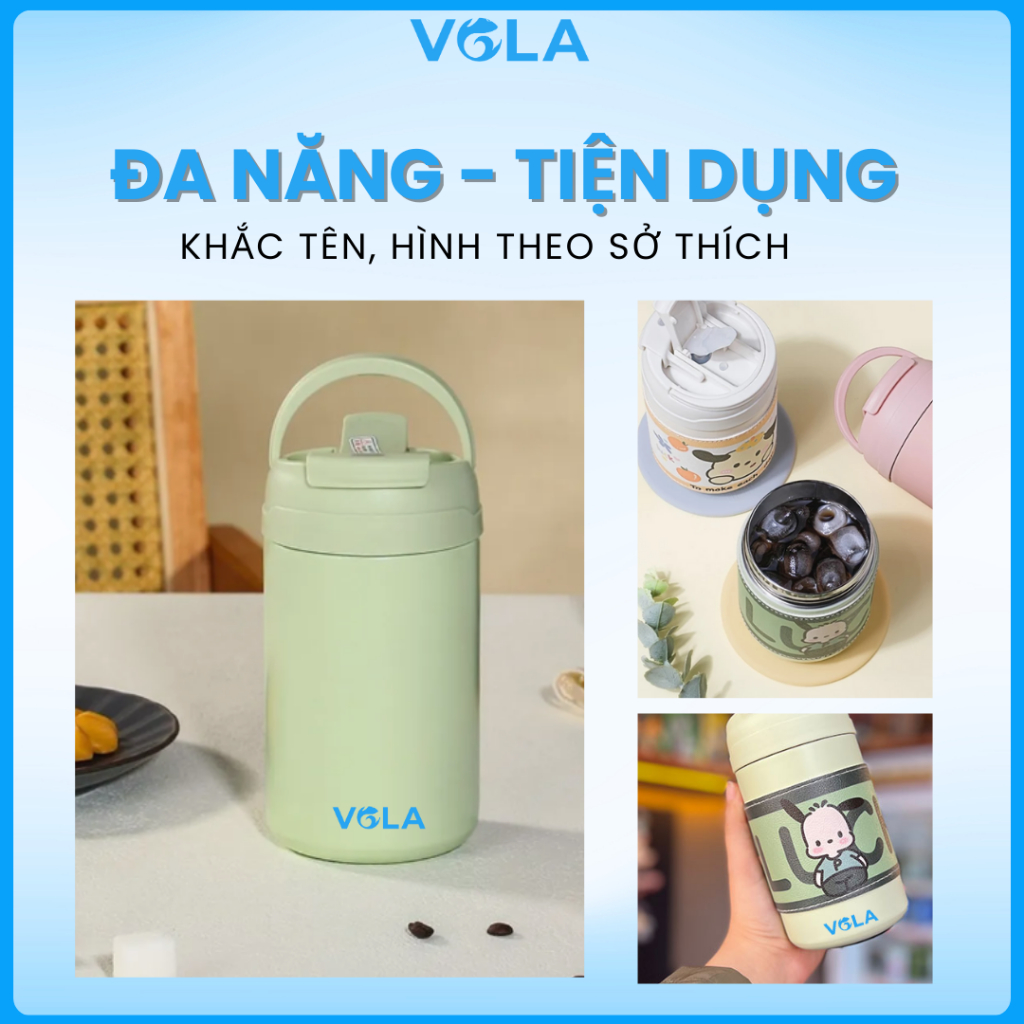 Bình Giữ Nhiệt VOLA 450ml Inox 304, Cốc giữ nhiệt hoạt hình có ống hút - Khắc tên theo yêu cầu