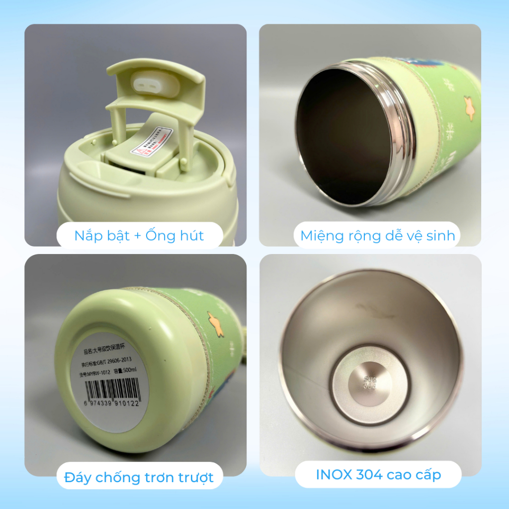 Bình Giữ Nhiệt VOLA 450ml Inox 304, Cốc giữ nhiệt hoạt hình có ống hút - Khắc tên theo yêu cầu