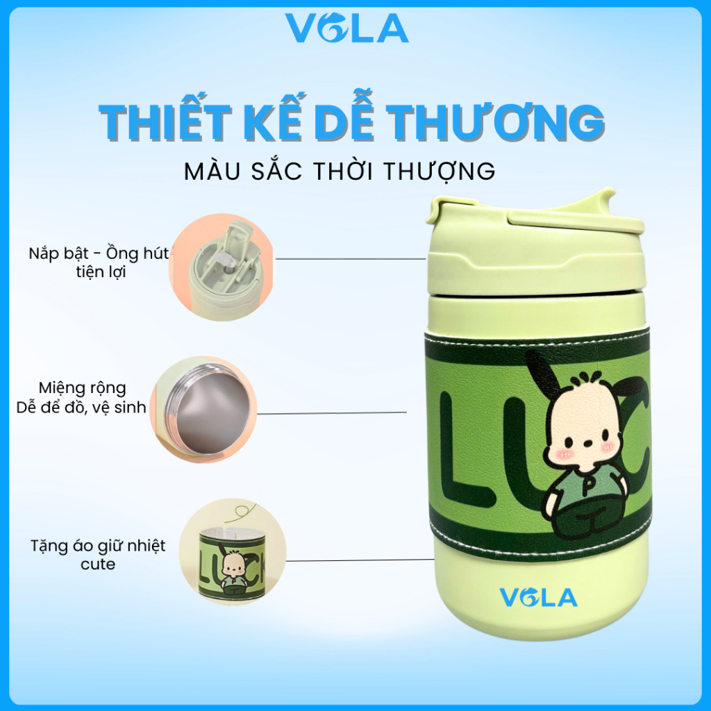 Bình Giữ Nhiệt VOLA 450ml Inox 304, Cốc giữ nhiệt hoạt hình có ống hút - Khắc tên theo yêu cầu