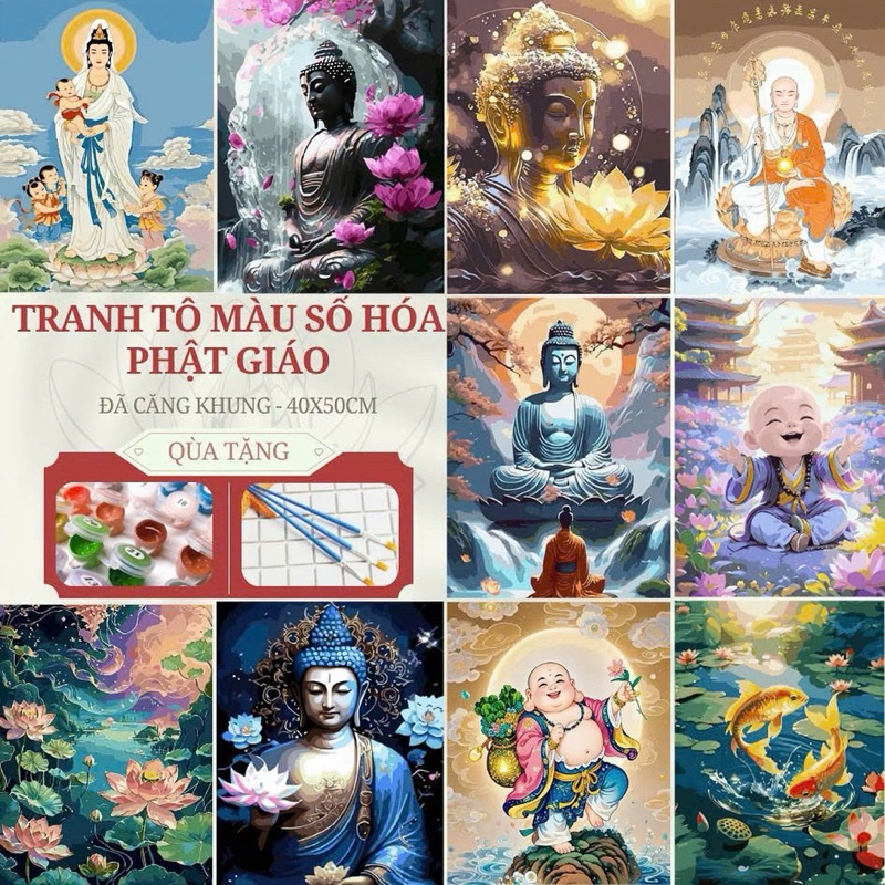 Tranh Tô Màu s hóa Phật Giáo 40x50cm ã cng khung - Tặng Kèm Màu Vẽ Tranh và  Cọ Vẽ