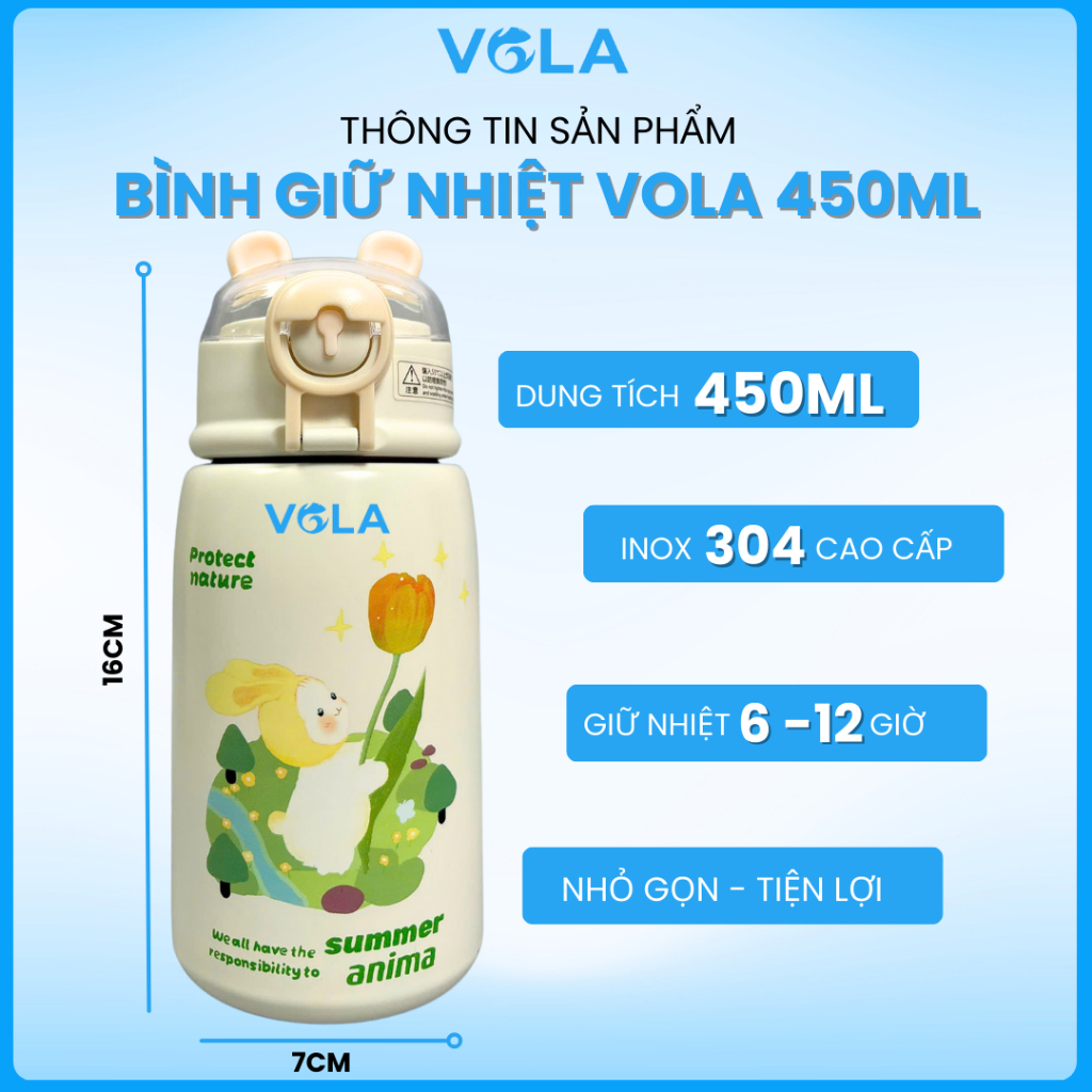 Bình Giữ Nhiệt VOLA 450ml Inox 304 cao cấp, Bình giữ nhiệt dễ thương có khắc tên theo yêu cầu