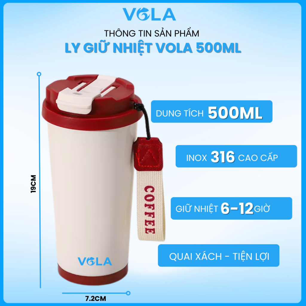 Ly giữ nhiệt VOLA Inox 316 500ml sang trọng, Cốc giữ nhiệt tráng sứ khắc tên có ống hút sẵn