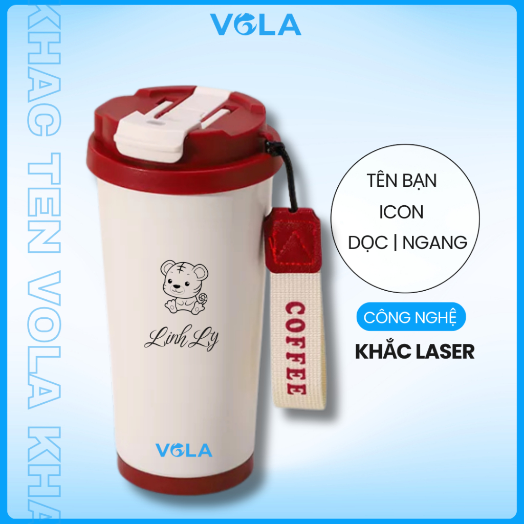 Ly giữ nhiệt VOLA Inox 316 500ml sang trọng, Cốc giữ nhiệt tráng sứ khắc tên có ống hút sẵn