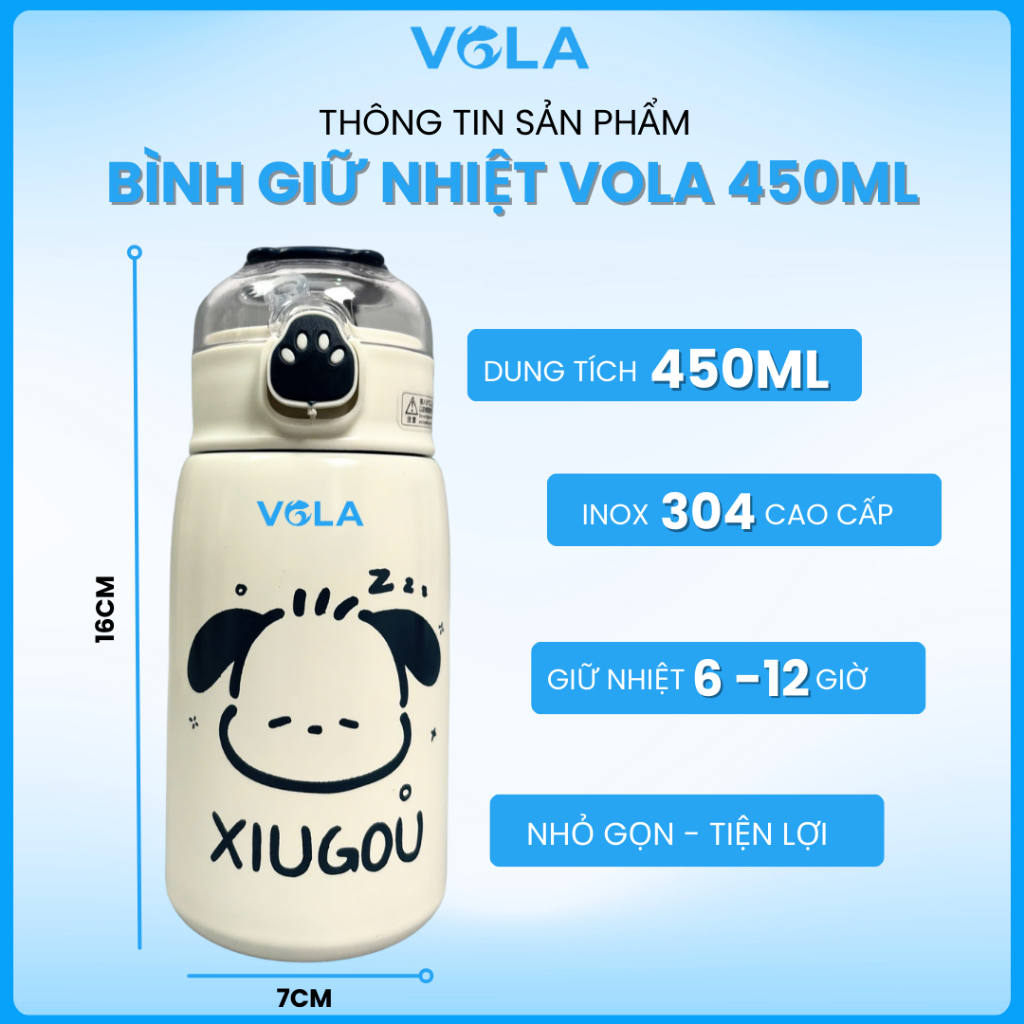 Bình Giữ Nhiệt VOLA 450ml Inox 304 dễ thương, Bình giữ nhiệt khắc tên có sẵn ống hút
