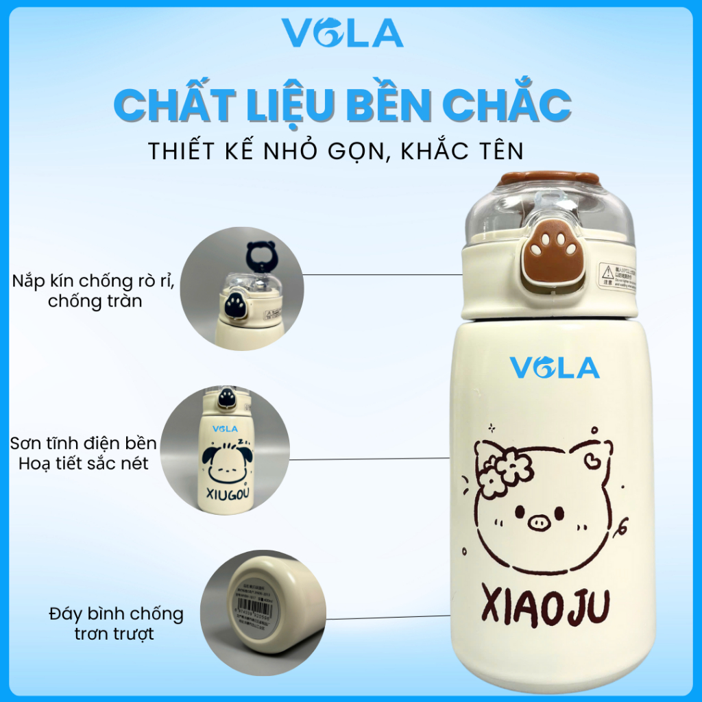 Bình Giữ Nhiệt VOLA 450ml Inox 304 dễ thương, Bình giữ nhiệt khắc tên có sẵn ống hút