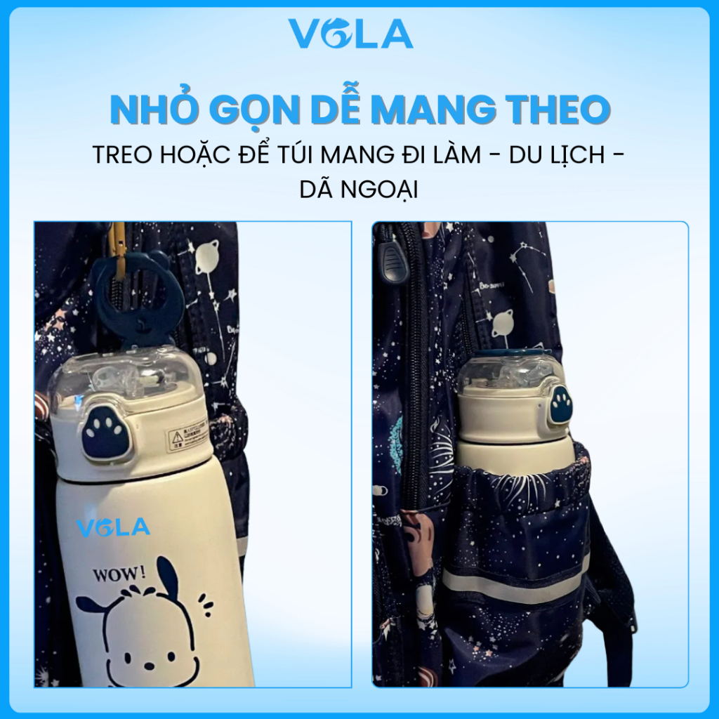 Bình Giữ Nhiệt VOLA 450ml Inox 304 dễ thương, Bình giữ nhiệt khắc tên có sẵn ống hút