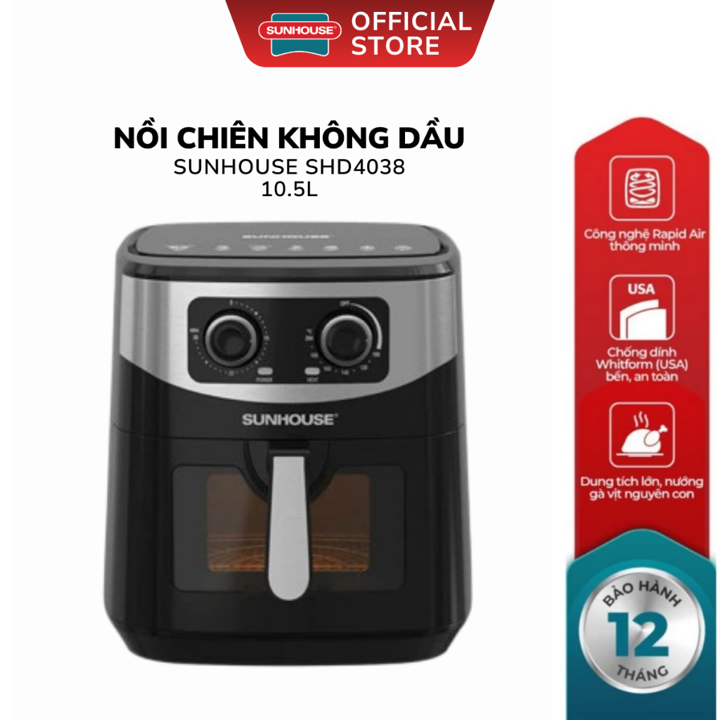 Nồi Chiên Không Dầu 10.5L Sunhouse SHD4038 - Công Nghệ Rapid Air 360 Độ, Bảo Hành 12 Tháng