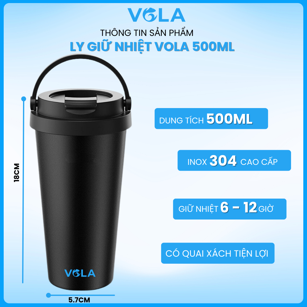 Bình Giữ Nhiệt VOLA 500ml Inox 304 cao cấp, Bình giữ nhiệt có quai xách, Khắc tên theo yêu cầu