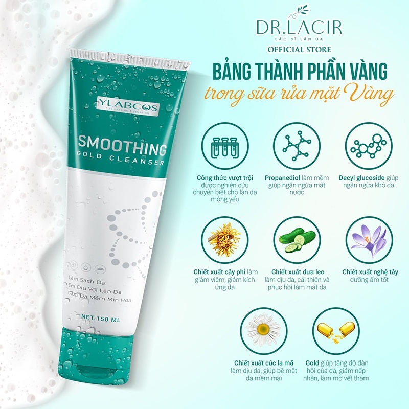 Sữa Rửa Mặt Vàng DR.LACIR Smoothing Gold Cleanser 150ml Dành Cho Da Mỏng, Nhạy Cảm, Da Sau Tái Tạo