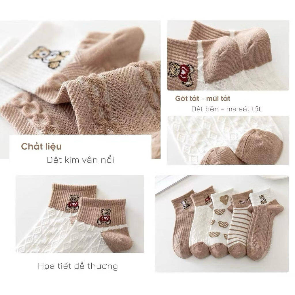 Túi 10 đôi tất tim gấu nâu cổ ngắn mẫu mới