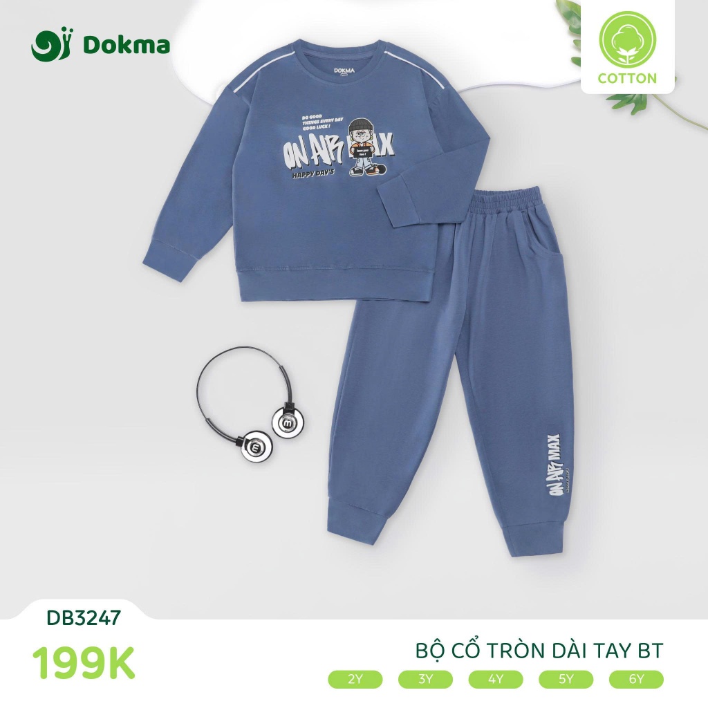 (11-22kg, 2-6Y) Bộ Cổ Tròn Dài Tay Cotton Dokma Cho Bé DB3083 DB3086 DB3082