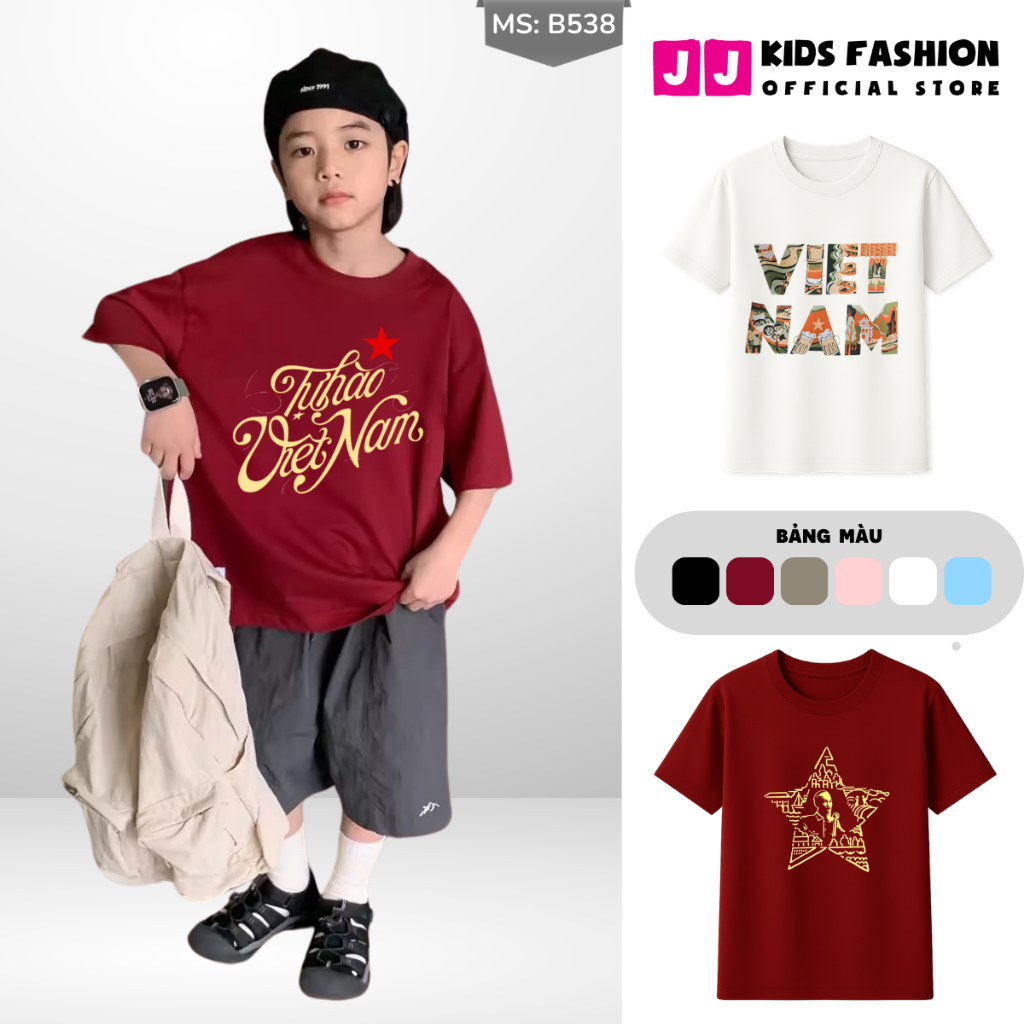 Áo Thun Ngắn Tay Mùa Hè Cho Bé Trai, Bé Gái In Hình Cờ đỏ Việt Nam, Cổ Tròn B729 | JJ Kids Fashion